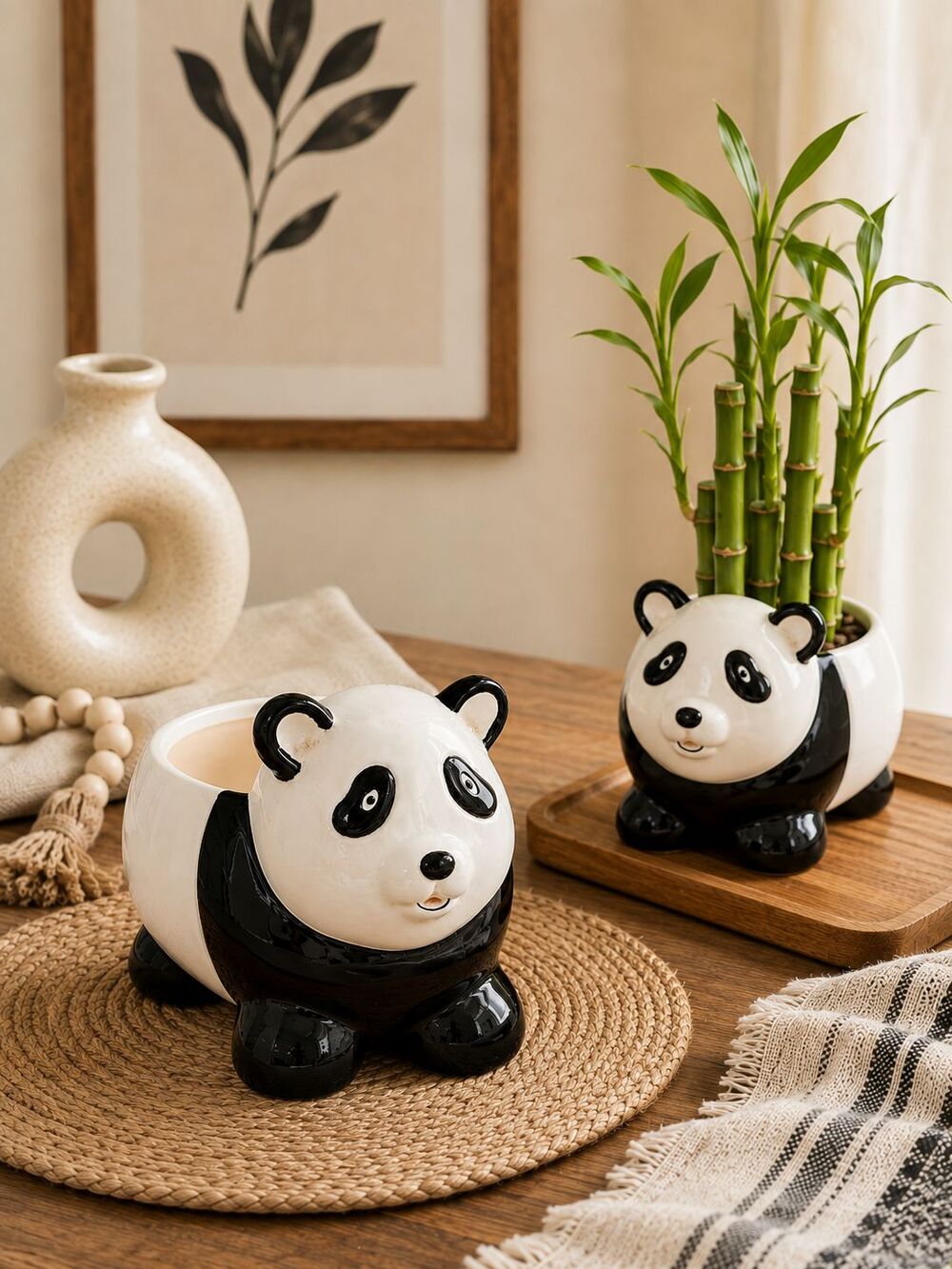 Vintage Cute Panda Ceramic Planter Pot Black White 8" Long